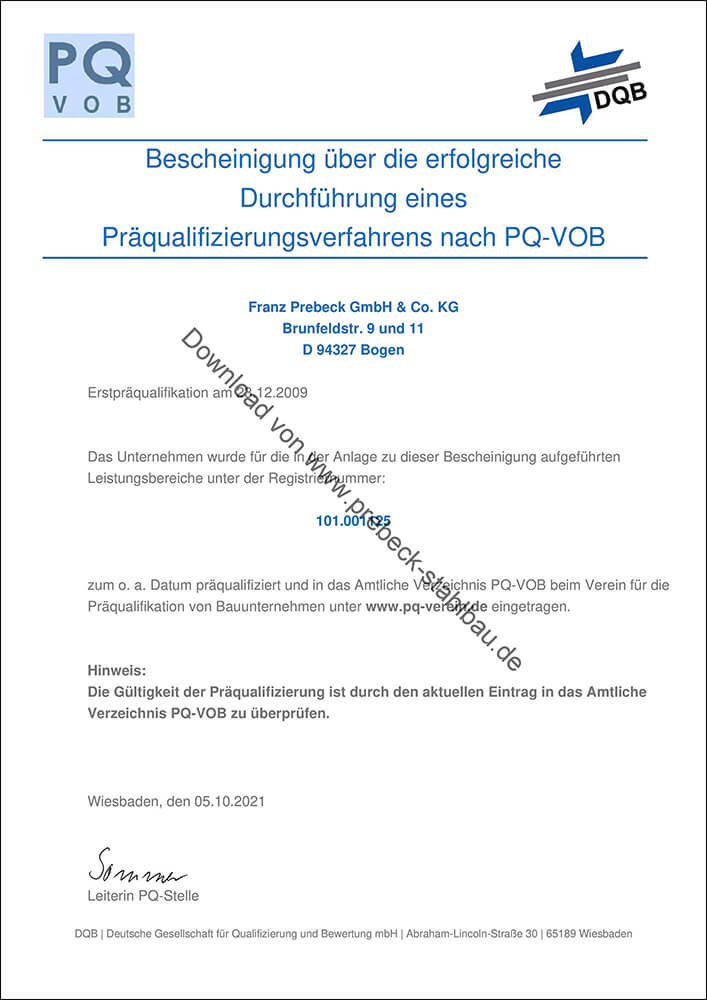 Bescheinigung über die erfolgreiche Durchführung eines Präqualifizierungsverfahrens nach PQ-VOB Bescheinigung über die erfolgreiche Durchführung eines Präqualifizierungsverfahrens nach PQ-VOB
